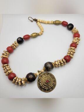 Vintage Tibetan Nepalese Brass Medallion Necklace Bone Coral Wood Beads Boho